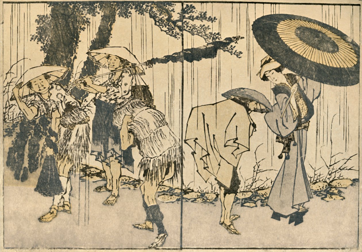 1819年，1924年，雨中人。 作者 葛饰北斋