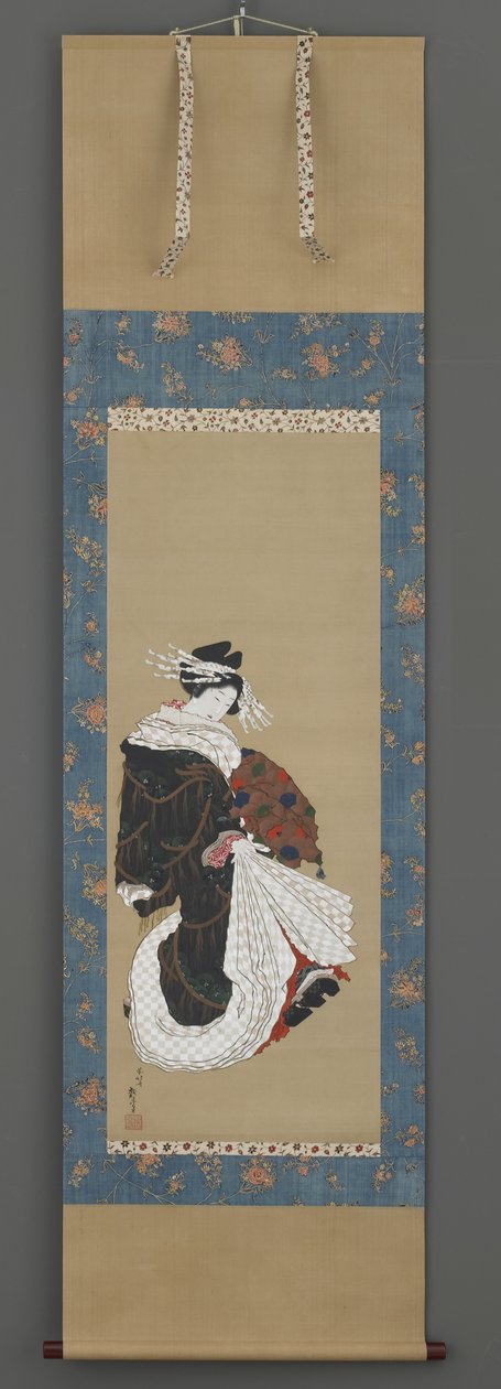 花魁散步的肖像，c.1815-19（丝绸上的墨水，颜色和金色） 作者 葛饰北斋
