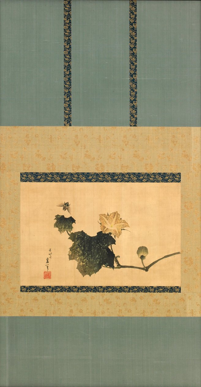 南瓜和藤蔓和马蝇，江户时代，1825年（丝绸上的墨水和颜色） 作者 葛饰北斋