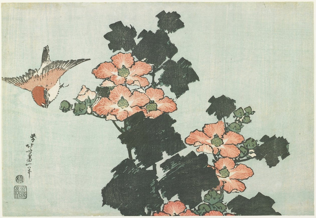 Rose Mallow和Sparrow，c。 1832 作者 葛饰北斋