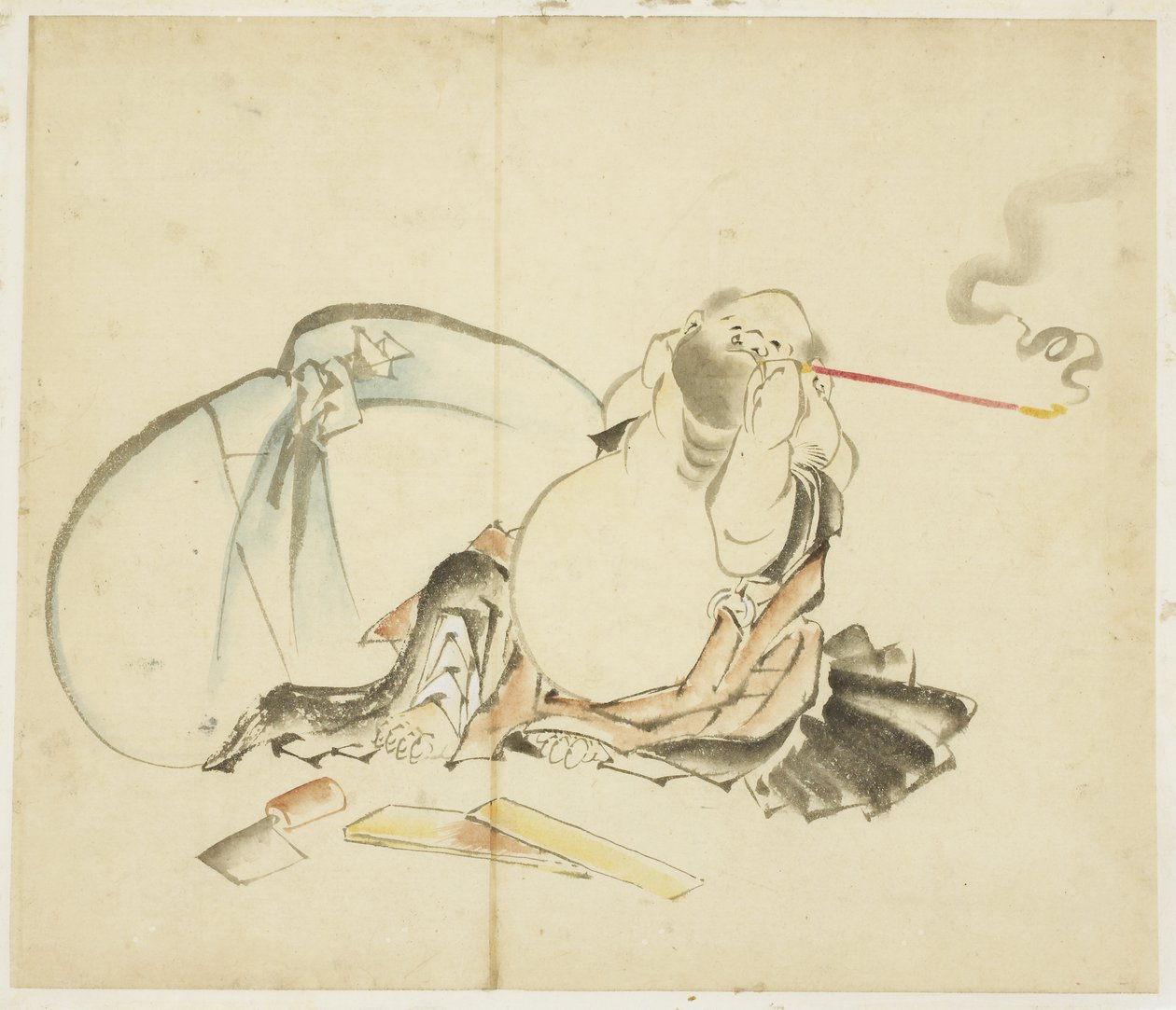 坐着的布袋烟斗，ca。 1815-1849年（纸上的墨水和颜色） 作者 葛饰北斋