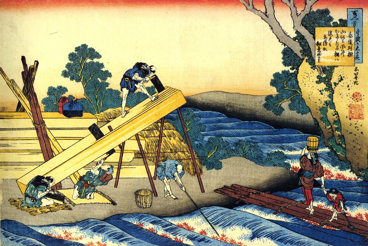 一百位诗人的一百首诗系列："春市之月" 工作中的木匠 - 葛饰北斋（1760-1849 年）（浮世绘画派）版画，约 1830 年 圣彼得堡国家冬宫 作者 葛饰北斋