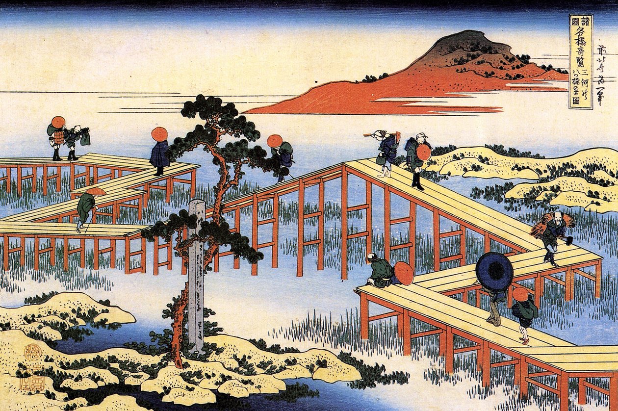 不同省份桥梁的杰出景观系列：日本三河省的八桥 - 葛饰北斋（1760-1849 年）（浮世绘画派）1835 年版画 俄罗斯圣彼得堡国家冬宫 作者 葛饰北斋