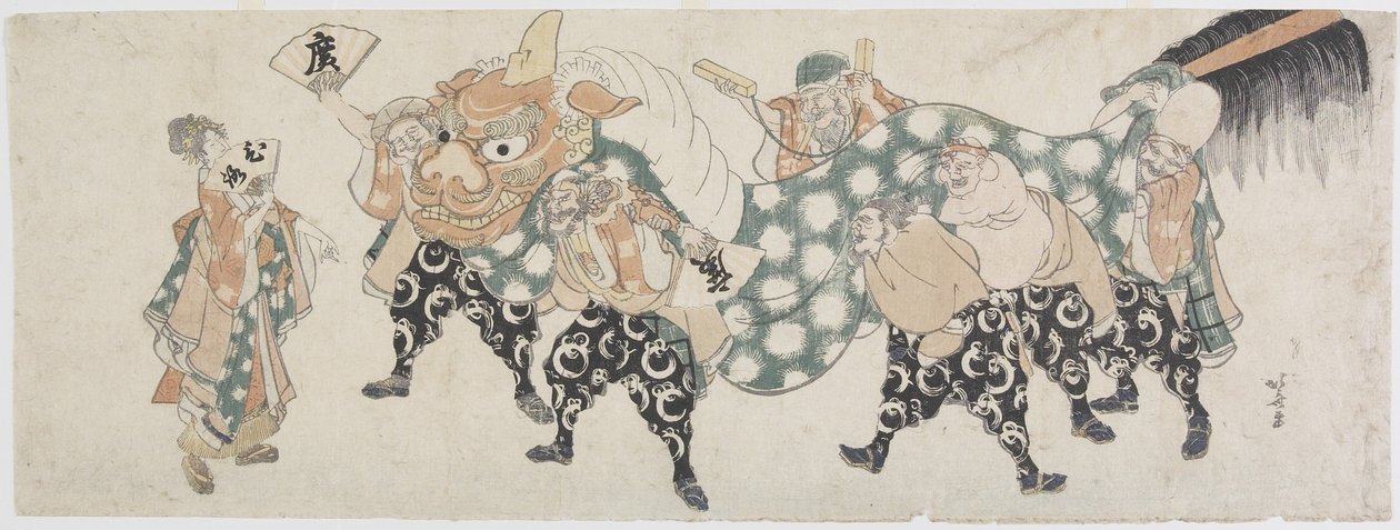 六位男神表演狮子舞，1797-1819（彩色木版画） 作者 葛饰北斋