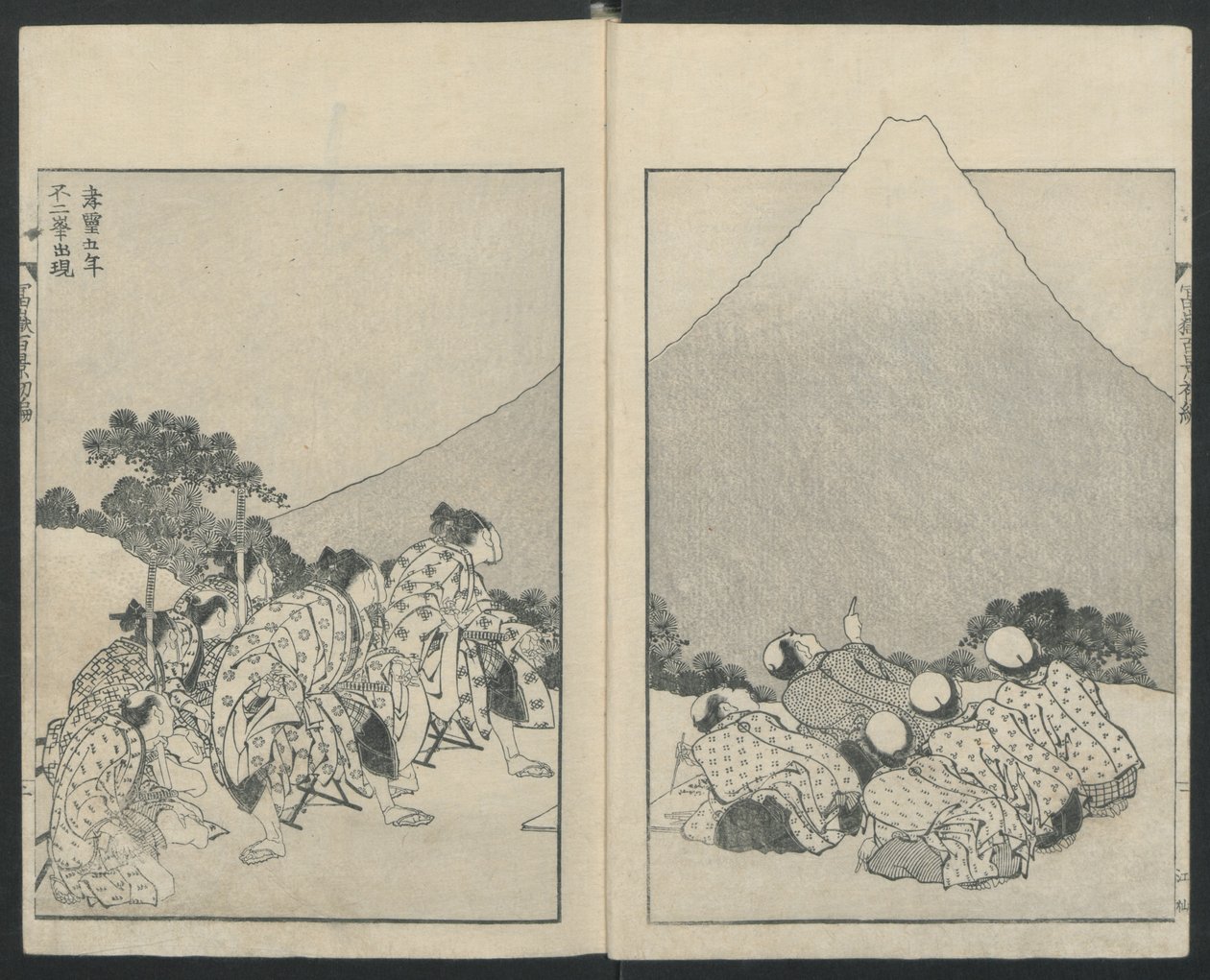 左边是《滑落》，右边是《富士山的开幕》，来自《富士山百景》，1834年。 作者 葛饰北斋
