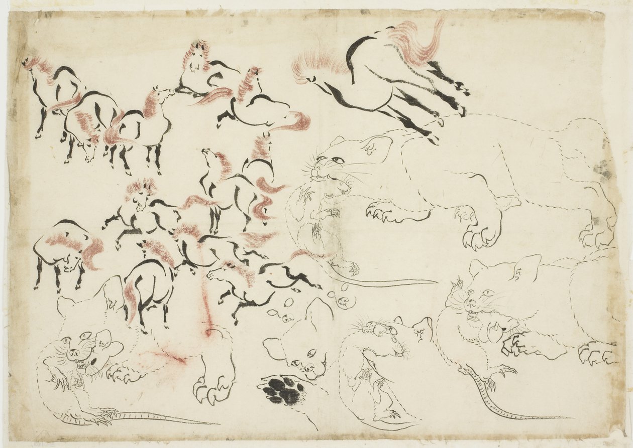 马，猫和老鼠研究（出自“北斋漫画”），约1815年至1849年（纸上的墨水和彩色） 作者 葛饰北斋