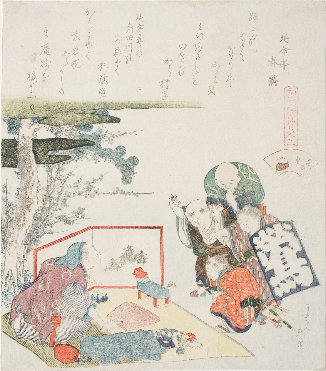 卖玩具的，《淡水蛤蜊》（Shijimigai）插图，选自 "元禄时期诗歌贝壳配对游戏（元禄 kasen kai awase）"系列 作者 葛饰北斋