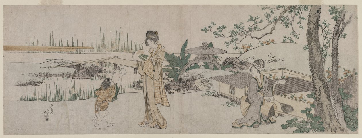 金鱼缸旁的两个女人和一个孩子 作者 葛饰北斋