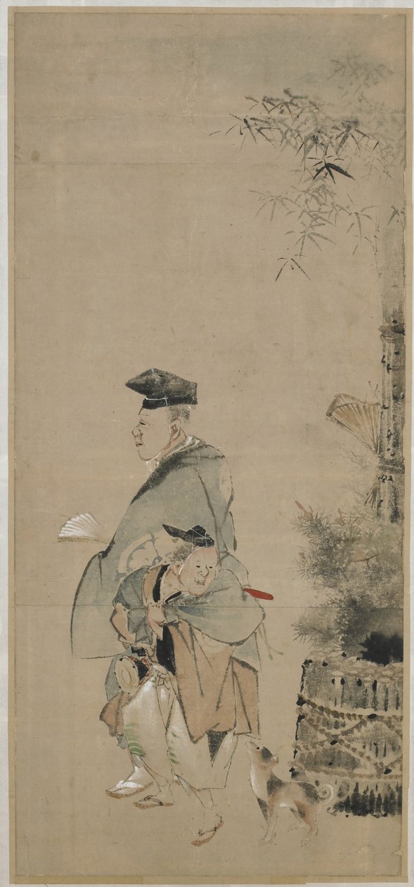 两个艺人在新年江户时代漫步，1830-32（纸上的墨水和颜色） 作者 葛饰北斋