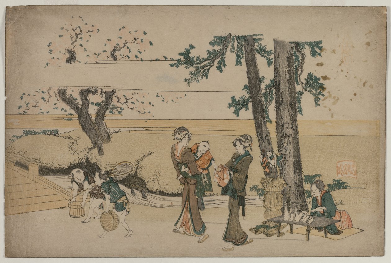 1800年代初期，经过路边商店的妇女在王子寺附近。 作者 葛饰北斋