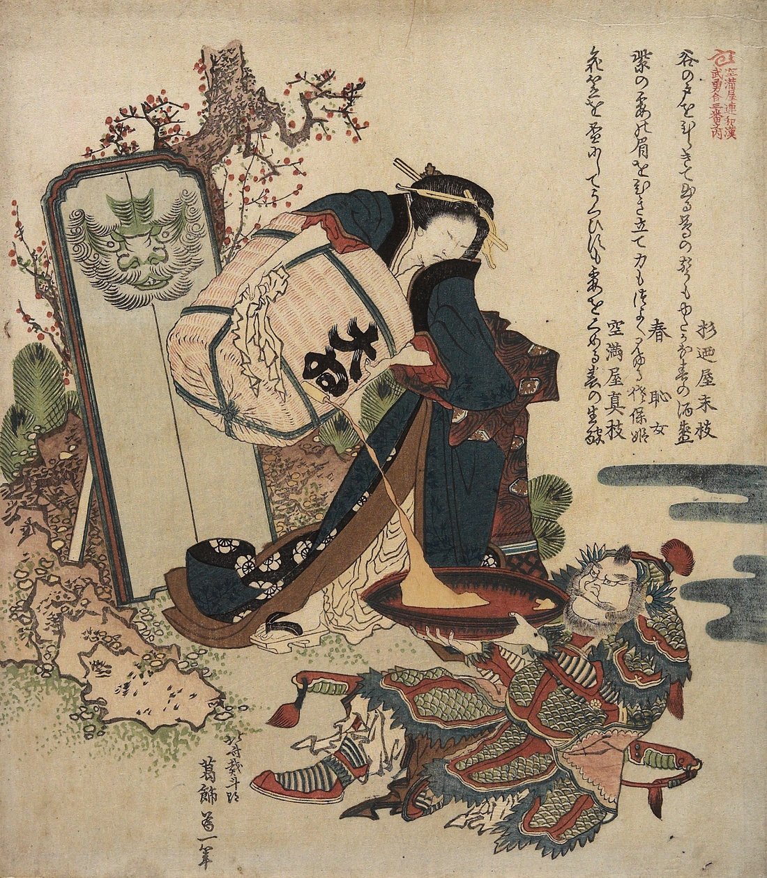 女人从一个酒桶倒入一个大杯举行的战士，c。 1820年至1821年 作者 葛饰北斋