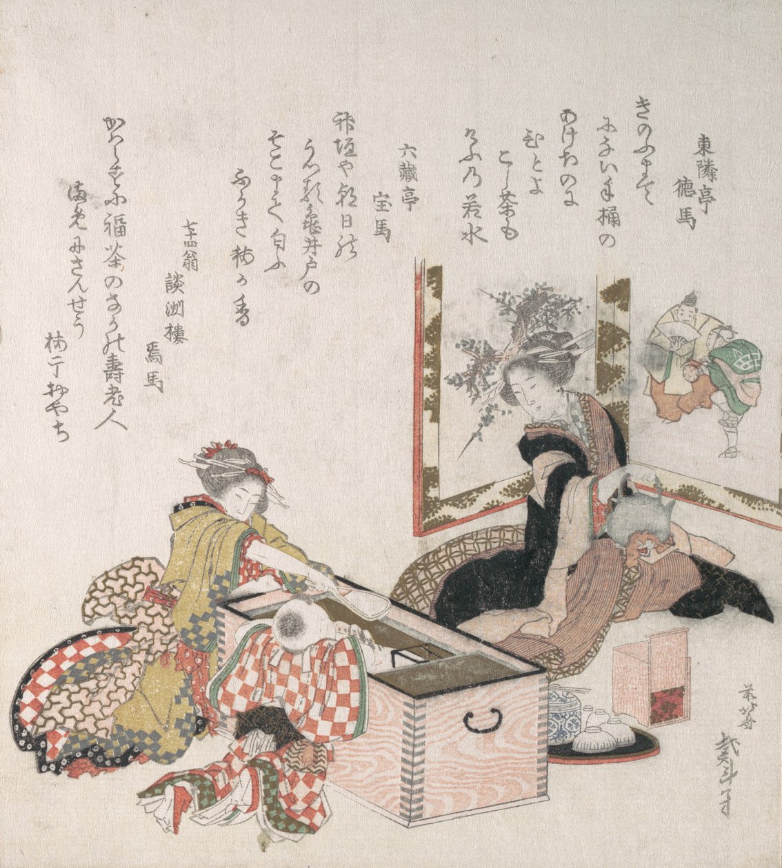 围绕火炉准备茶水的妇女，1816年。 作者 葛饰北斋