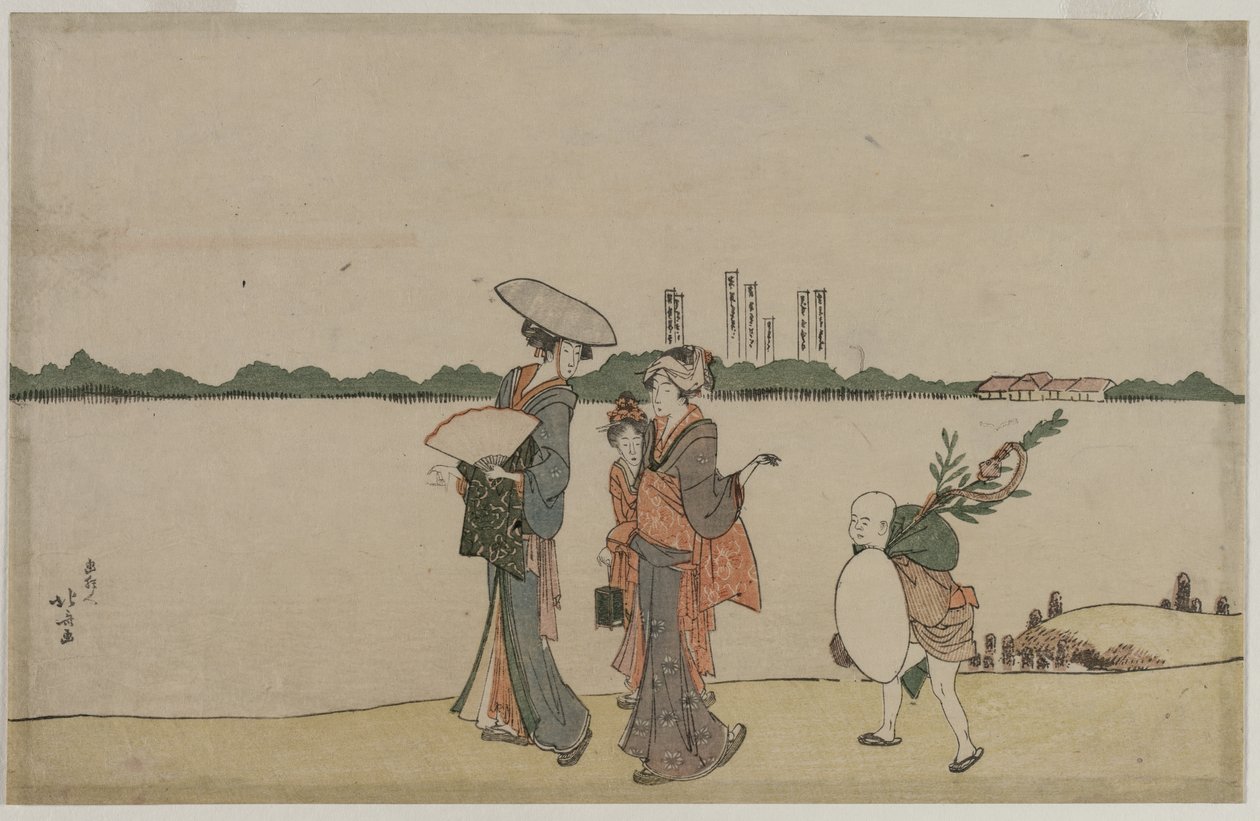 1800年代初，沿and田川行走的妇女和儿童。 作者 葛饰北斋