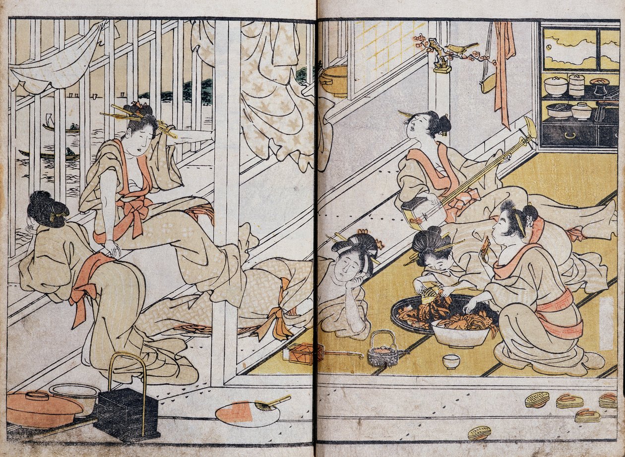 妇女吃，从漫画（彩色木版画） 作者 葛饰北斋