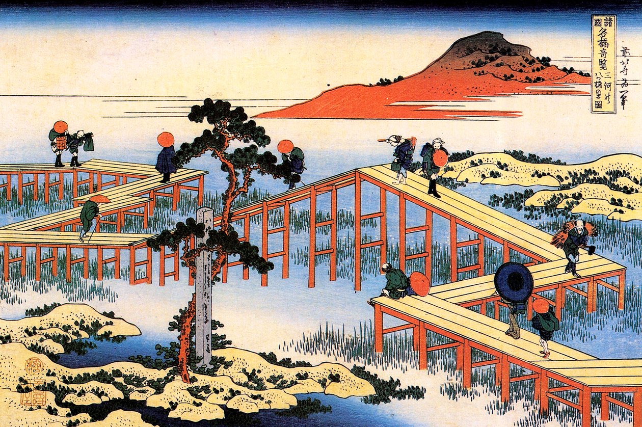 三河省的Yatsuhashi，约1835年。 作者 葛饰北斋
