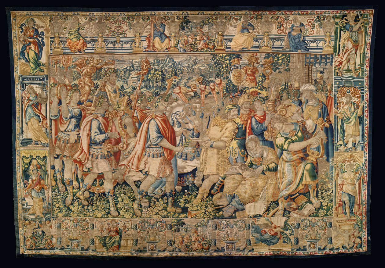 教区挂毯博物馆（Museo Parroquial de Tapices de Pastrana）。佛兰德挂毯。查理曼大帝，凯旋进入卡马尼亚（Alejandro Magno, Entrada trionfan en Carmania）。 作者 未知艺术家