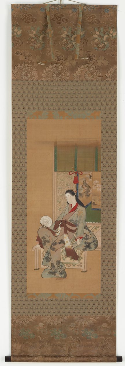 一个坐在阳台上的女孩，江户时期，18世纪。 作者 川又恒之