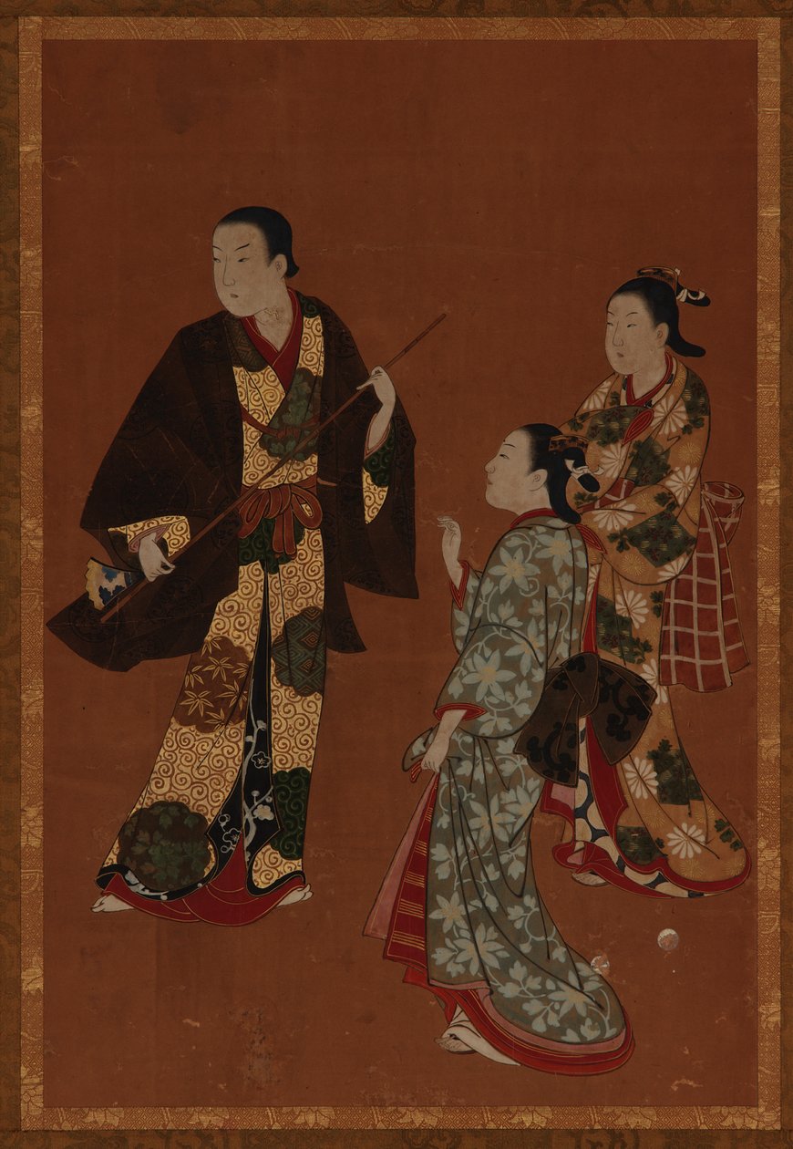 一个男人，可能是一个演员，和两个女孩，江户时期，18世纪。 作者 川又恒之