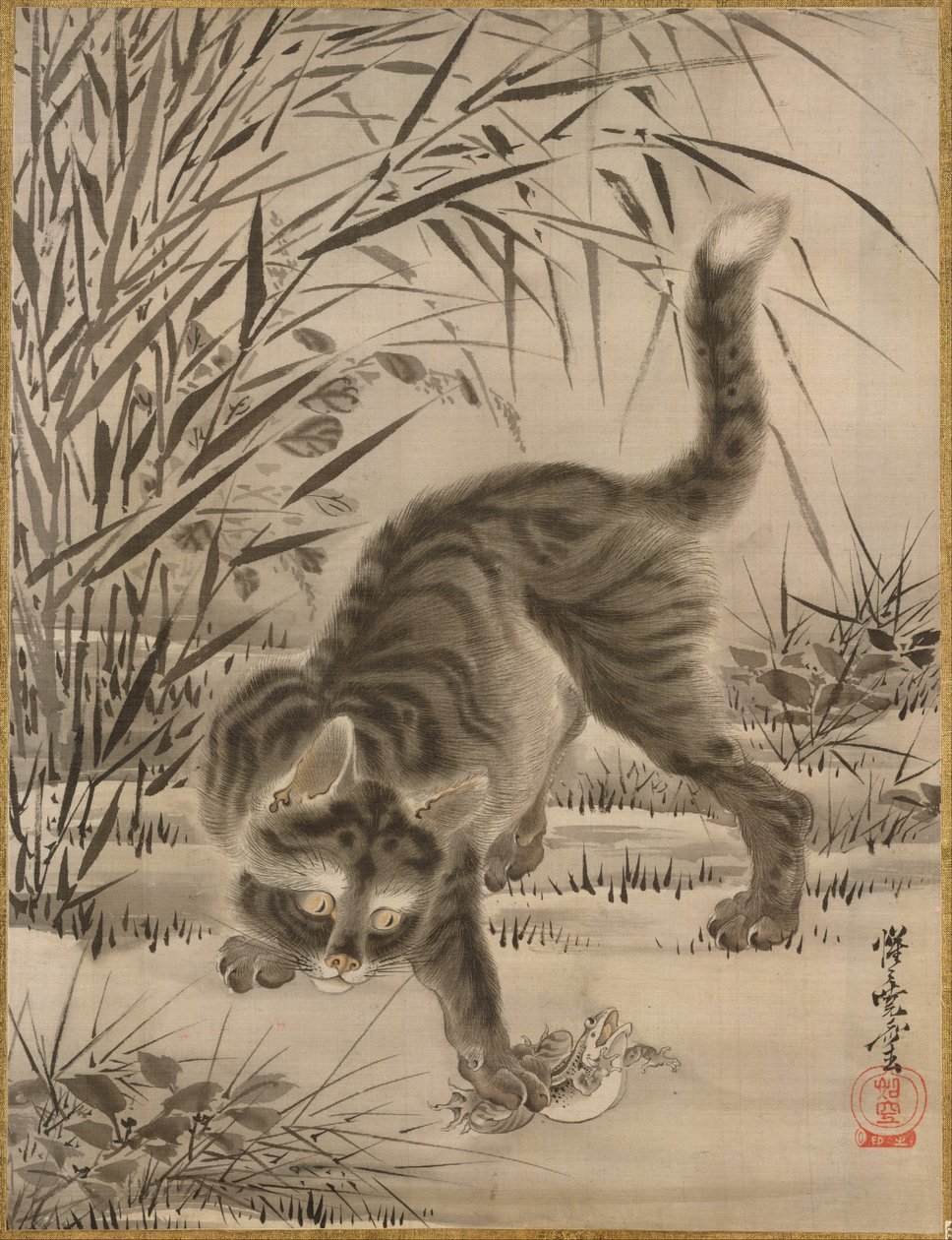 捉青蛙的猫，约。 1887年。 作者 川边京菜