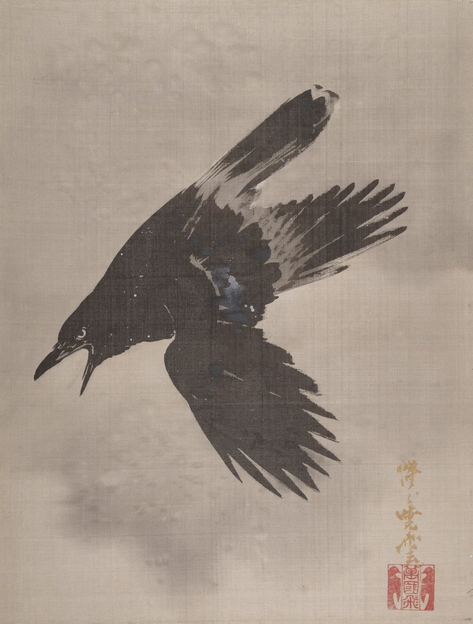乌鸦在雪中飞翔，ca。 1887年。 作者 川边京菜