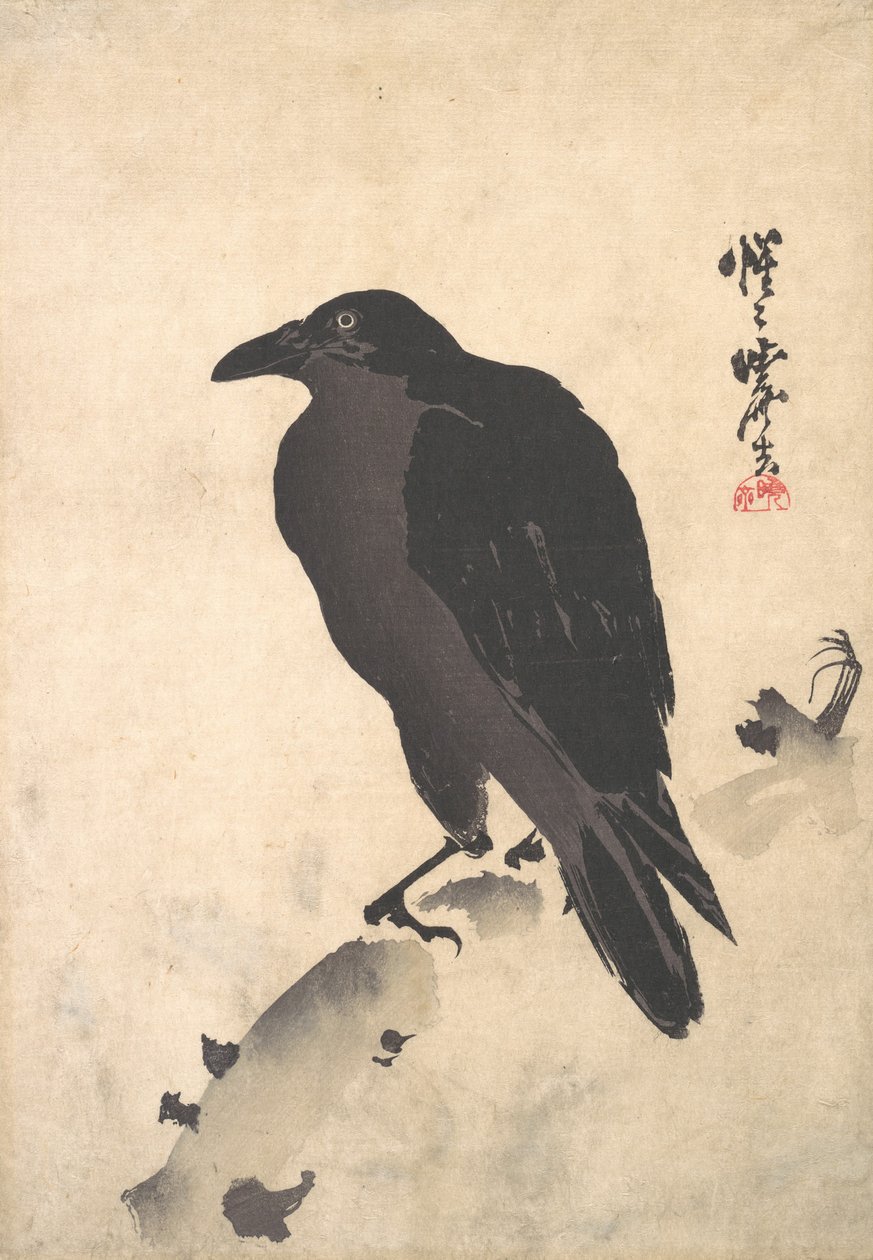 乌鸦在木箱上休息，19世纪中后期。 作者 川边京菜