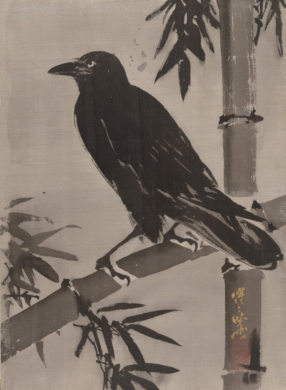 乌鸦在竹枝上，约。 1887年。 作者 川边京菜