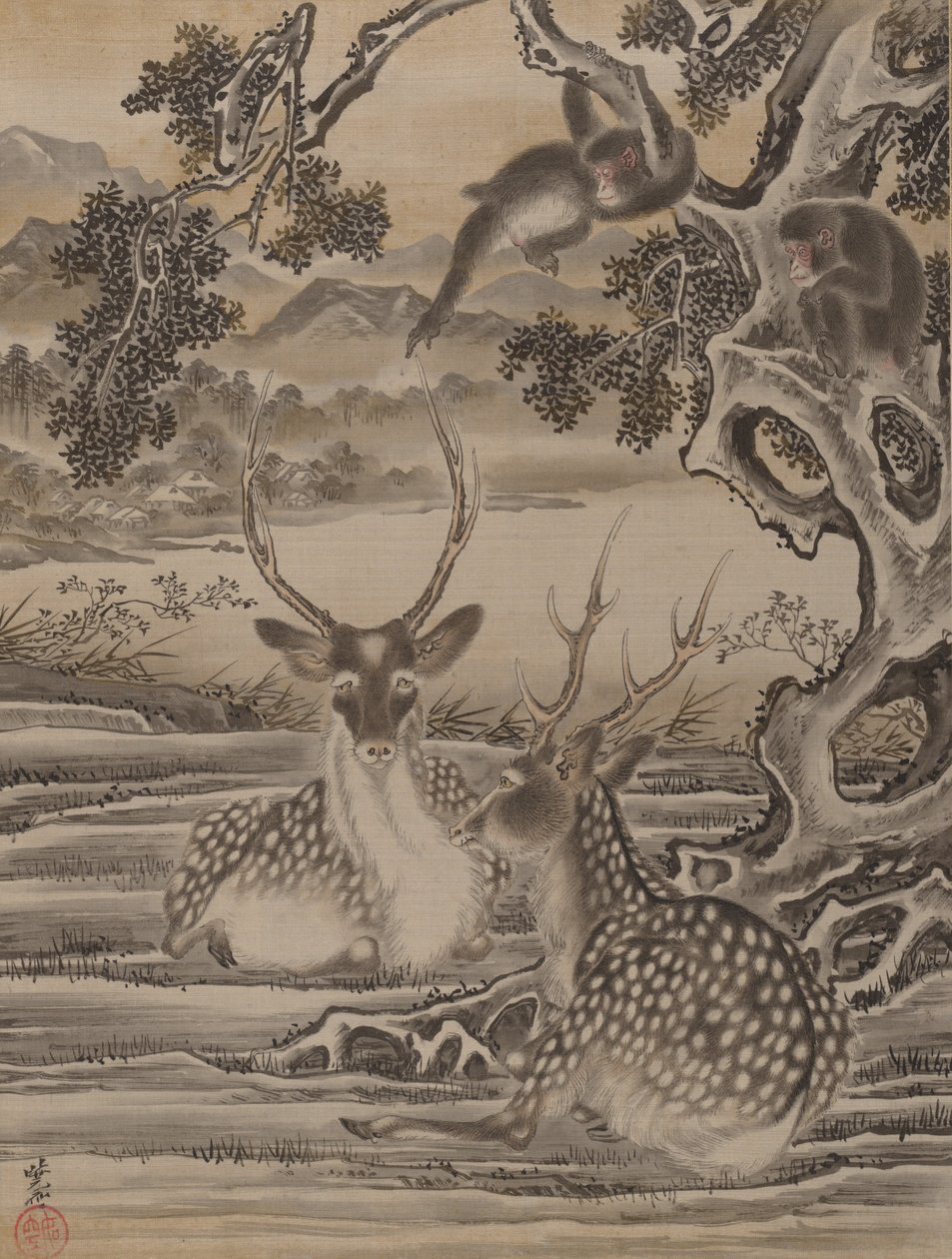 鹿和猴子，约。 1887年。 作者 川边京菜