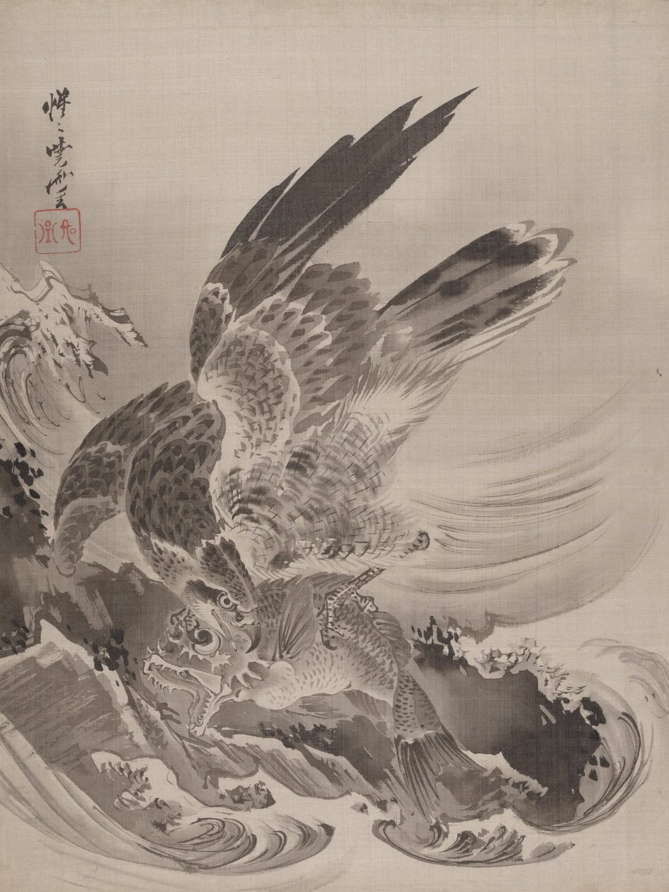 鹰攻击鱼，约。 1887年。 作者 川边京菜