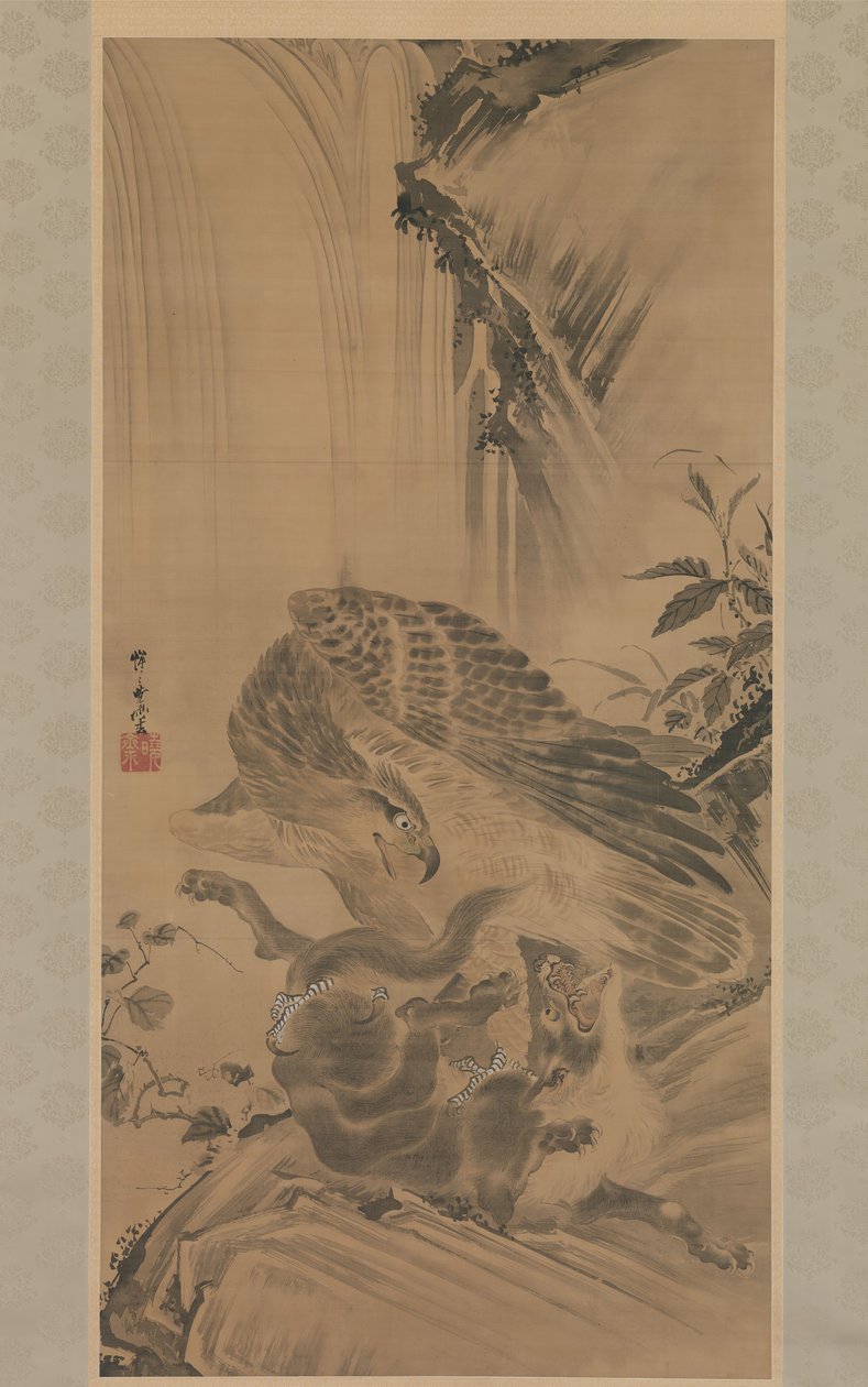 老鹰袭击山狮，1885年。 作者 川边京菜
