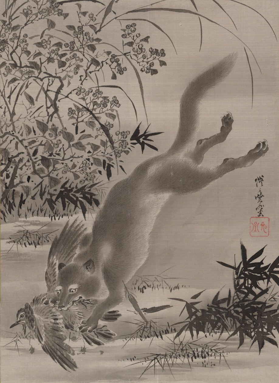 狐狸捉鸟，约。 1887年。 作者 川边京菜