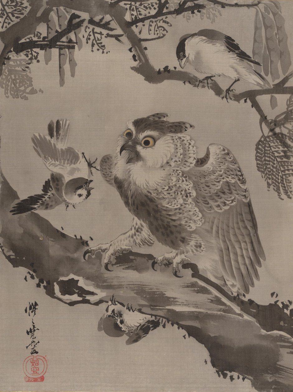 猫头鹰被小鸟嘲笑，ca。 1887年。 作者 川边京菜