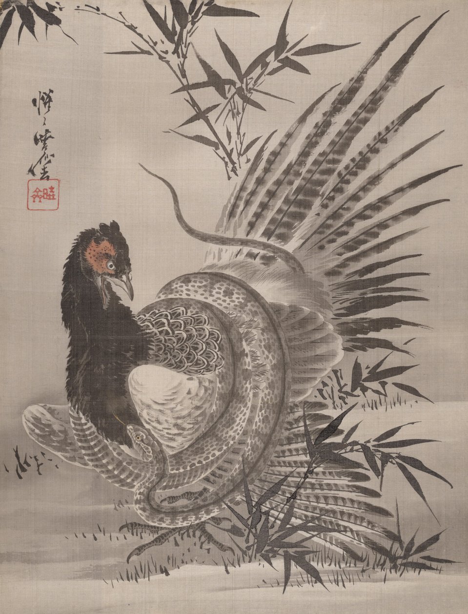 被蛇抓住的野鸡，约1887年。 作者 川边京菜