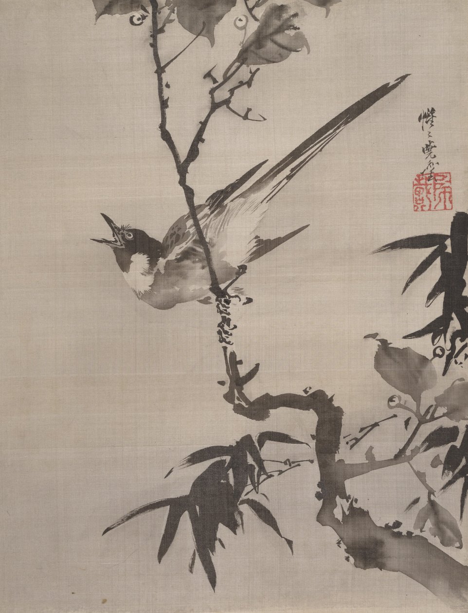 树枝上的唱歌鸟，约。 1887年。 作者 川边京菜
