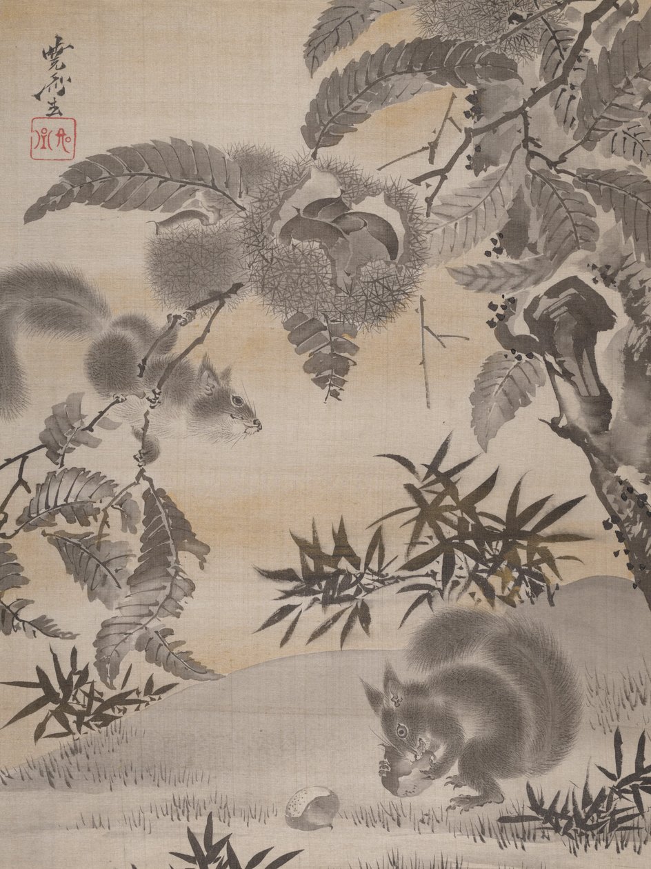 松鼠聚会栗子，约。 1887年。 作者 川边京菜