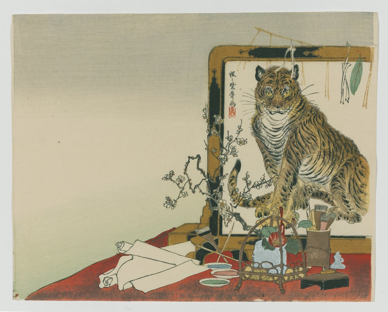老虎的立屏（Tsuitate），1878年（木版彩色印刷） 作者 川边京菜