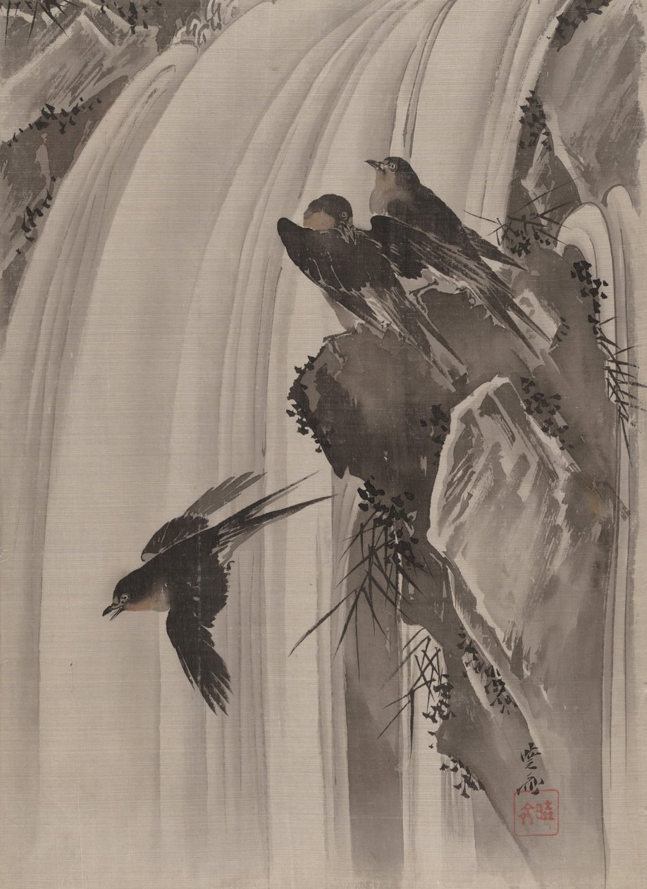 瀑布旁的燕子，约。 1887年。 作者 川边京菜