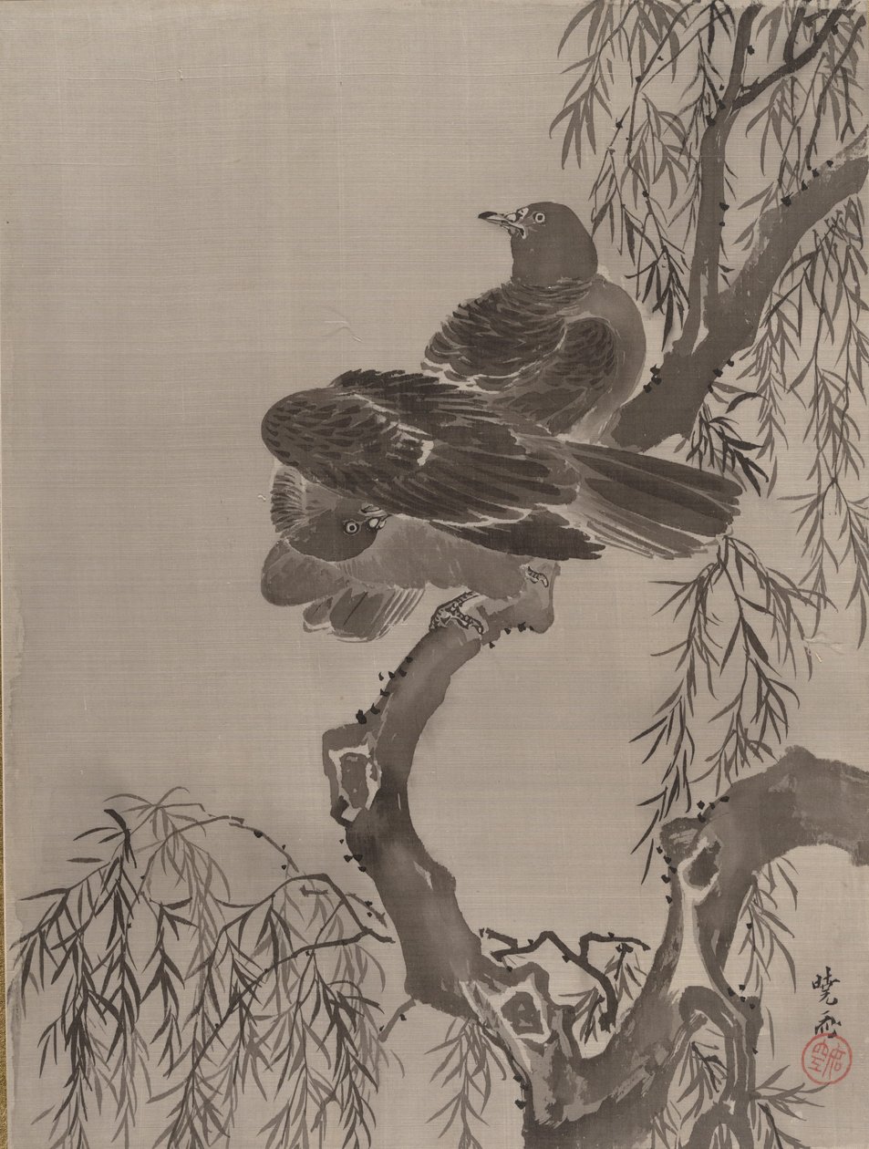 树枝上的两只鸟，ca。 1887年。 作者 川边京菜