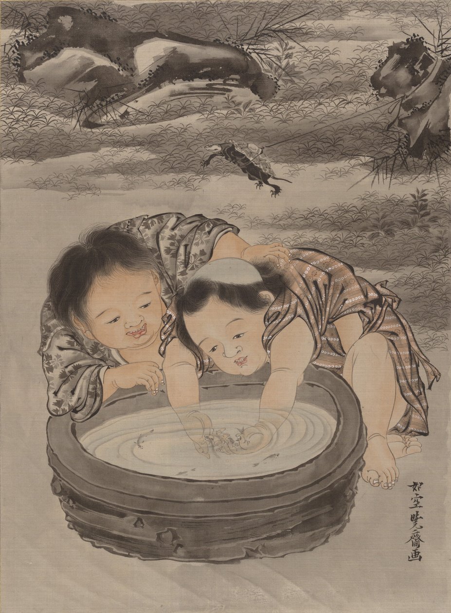 大约两个孩子在玩金鱼。 1887年。 作者 川边京菜