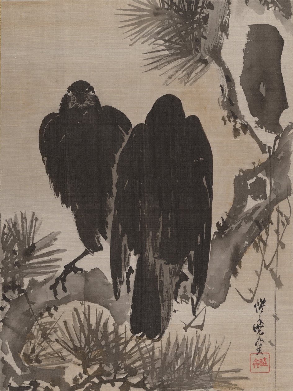 一只松鸦，两只乌鸦，ca。 1887年。 作者 川边京菜