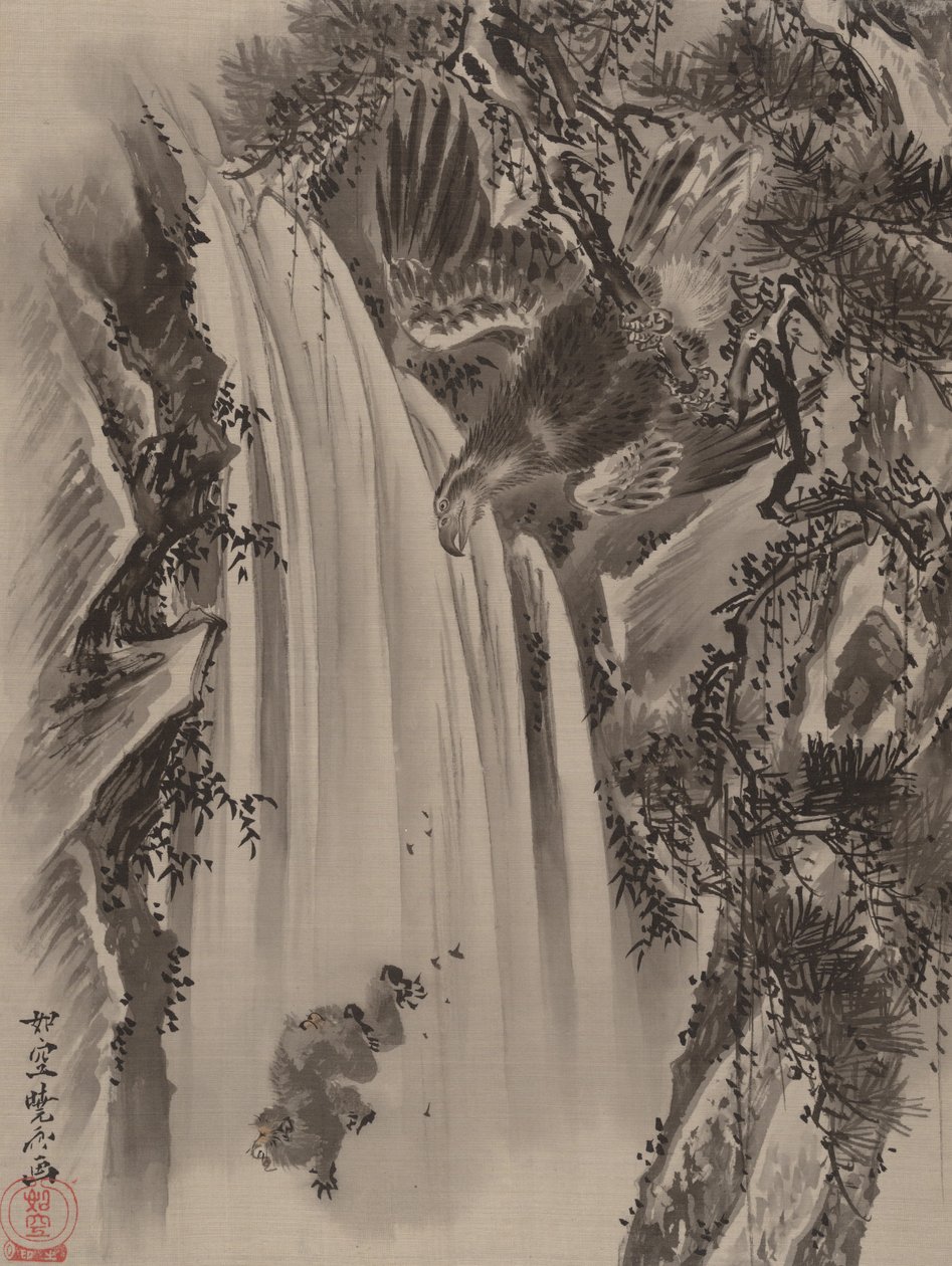 瀑布，鹰和猴子，约。 1887年。 作者 川边京菜