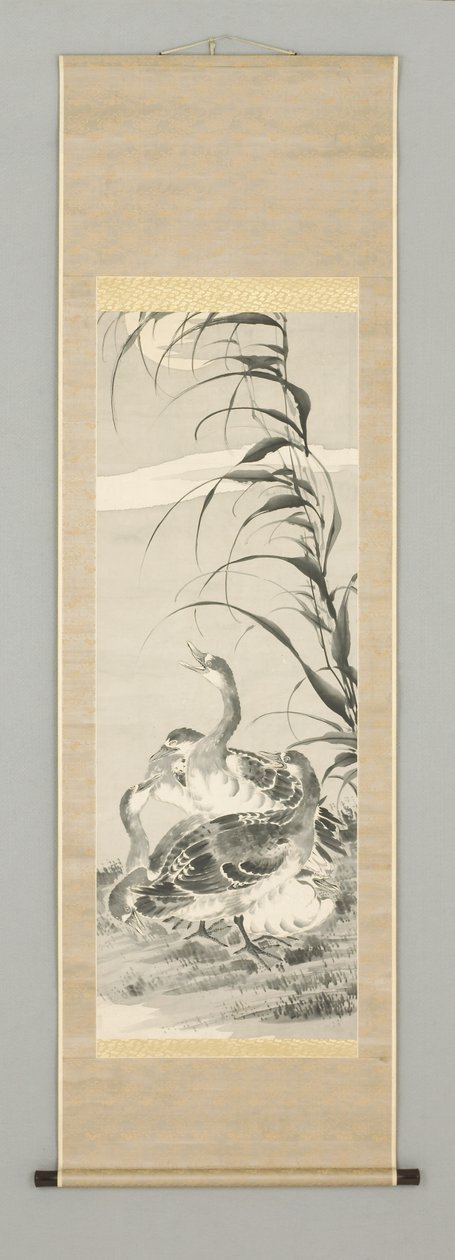 十九世纪中叶，月亮中的鹅（悬挂画卷：纸上的油墨和彩色） 作者 渡边喀山（Kazan Watanabe）