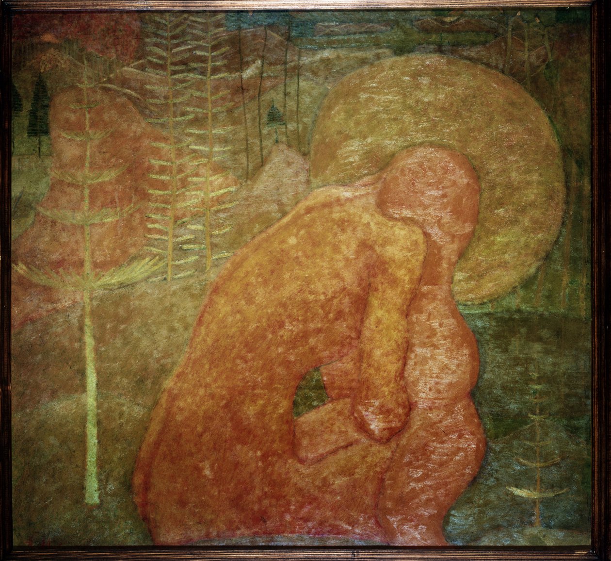 壁画草图；祈祷。壁画草图；祈祷。在森林风景中，一个裸体人物蜷缩在他的光环下。卡西米尔-塞维林诺维奇-马列维奇（马列维奇，马列维奇）（1878-1935 年）作品，钢笔画，纸板 作者 卡齐米尔·塞韦里诺维奇·马列维奇
