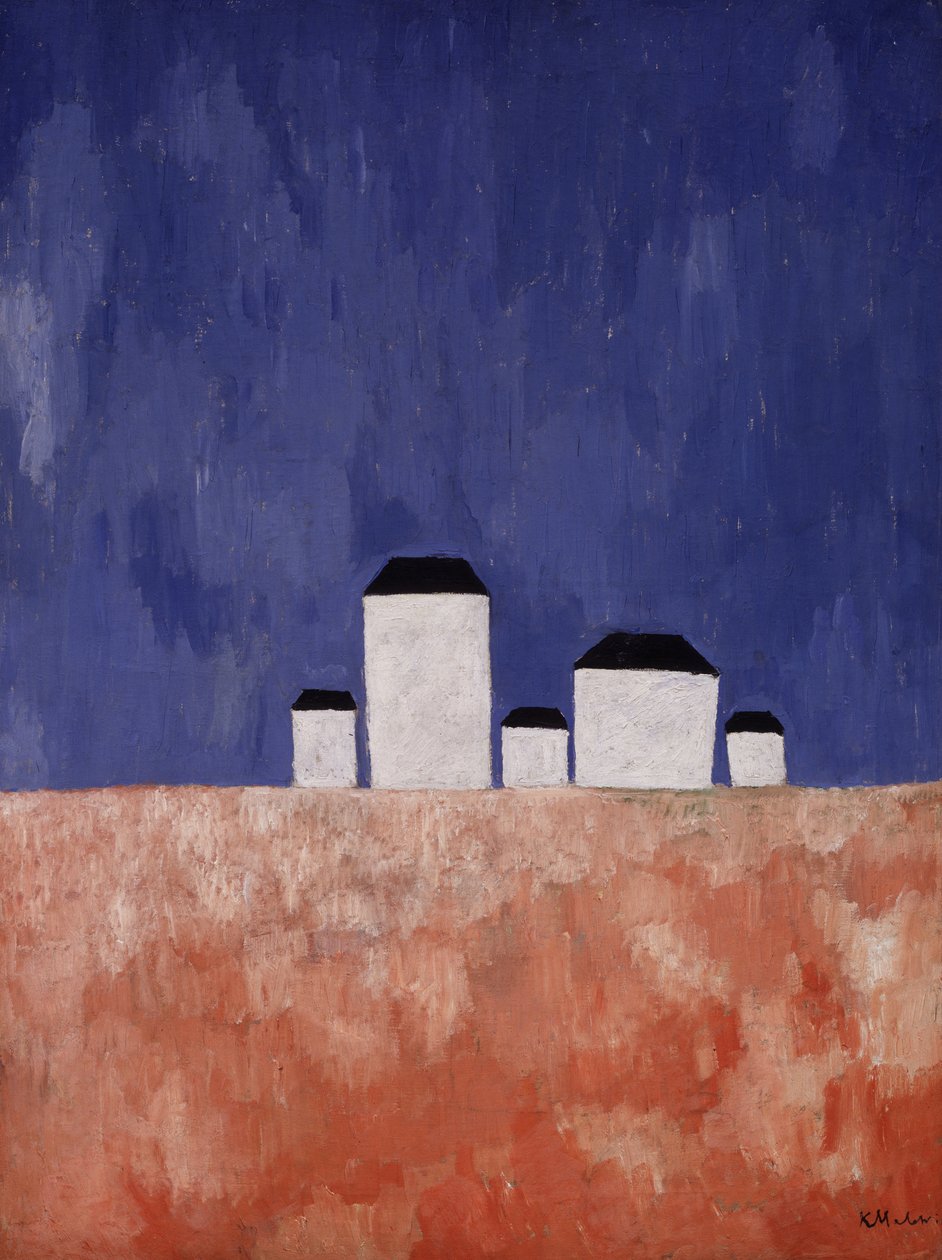 景观与五个房子，c.1932 作者 卡齐米尔·塞韦里诺维奇·马列维奇