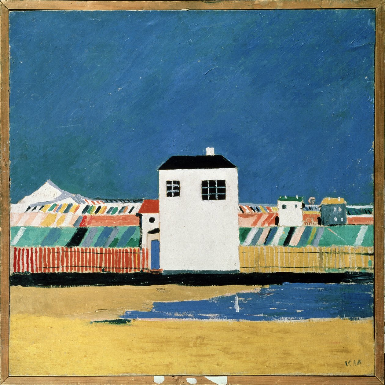 有白宫的风景。卡西米尔-塞韦里诺维奇-马列维奇（Kasimir Severinovich Malevich，马列维奇）（1878-1935 年）的画作，布面油画，约 1930 年。俄罗斯艺术，20 世纪，前卫艺术，至上主义，建构主义。俄罗斯国家博物馆、 作者 卡齐米尔·塞韦里诺维奇·马列维奇