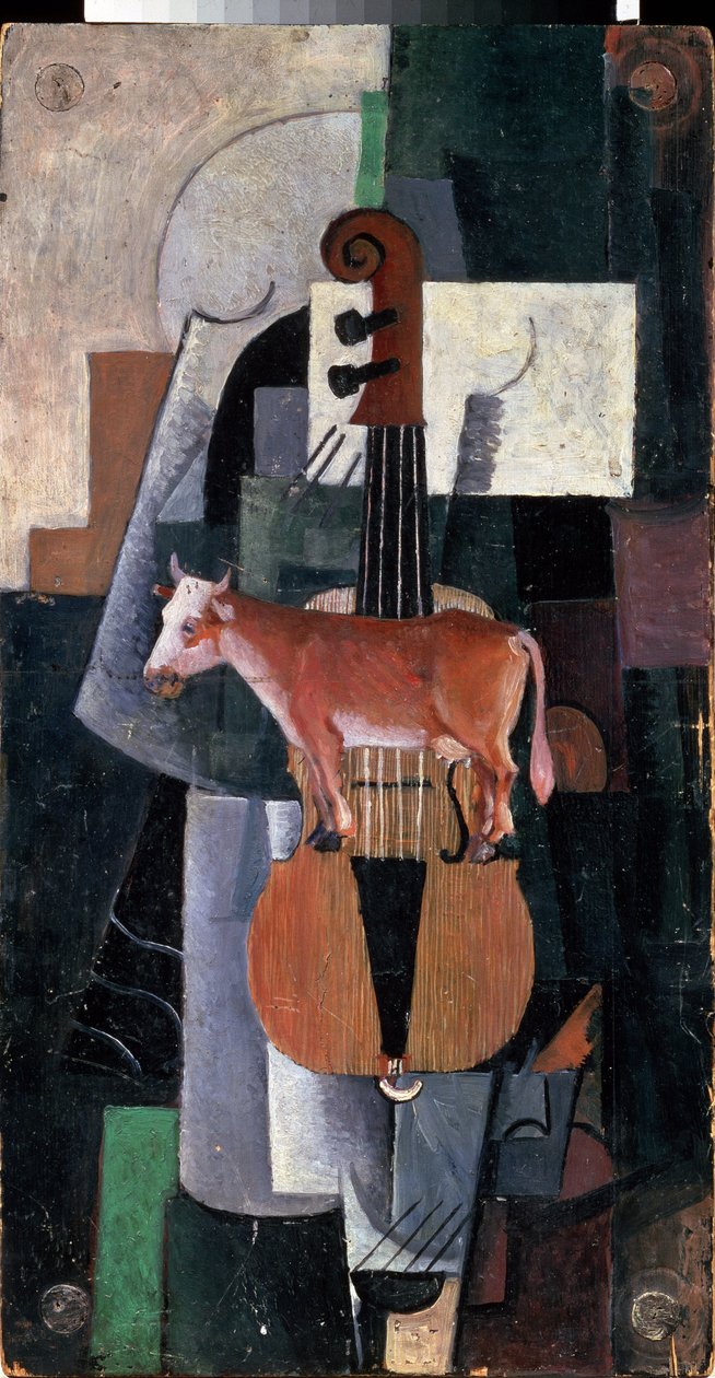 Vache et violon（奶牛与小提琴）。卡西米尔-塞韦里诺维奇-马列维奇（1878-1935 年）的绘画，木板上的水彩画 作者 卡齐米尔·塞韦里诺维奇·马列维奇