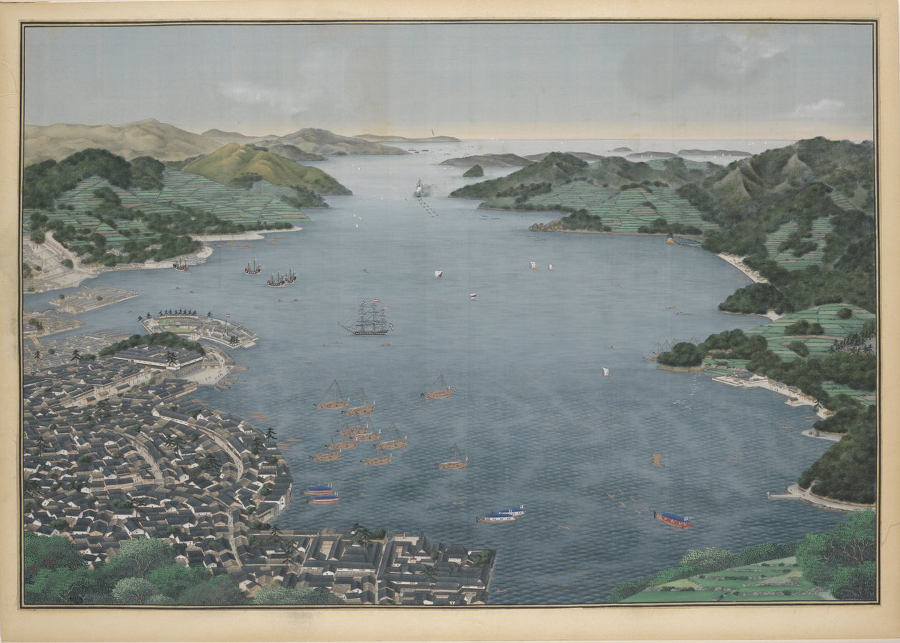 长崎海湾的景色，约1833年。 作者 川原敬佳
