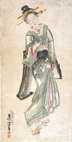 艺伎（纸上水墨和彩色）。 作者 京西铁