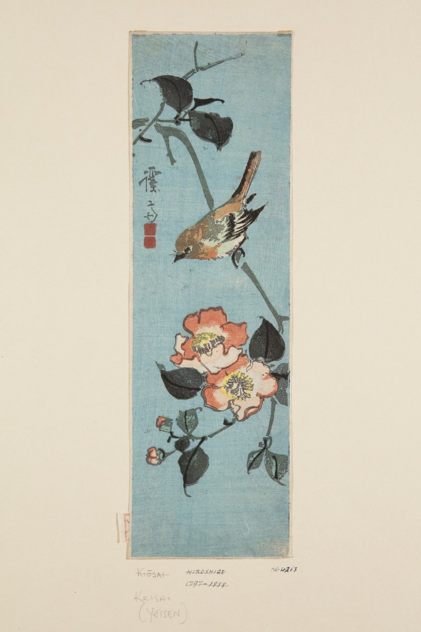 麻雀和山茶花（彩色木版画） 作者 京西铁