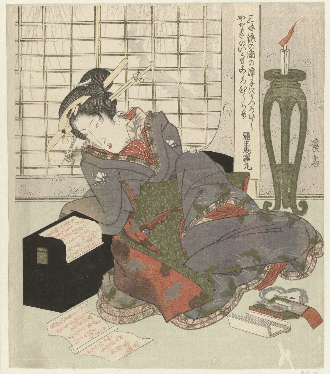 艺妓倚在三味线的琴盒上 作者 京西铁