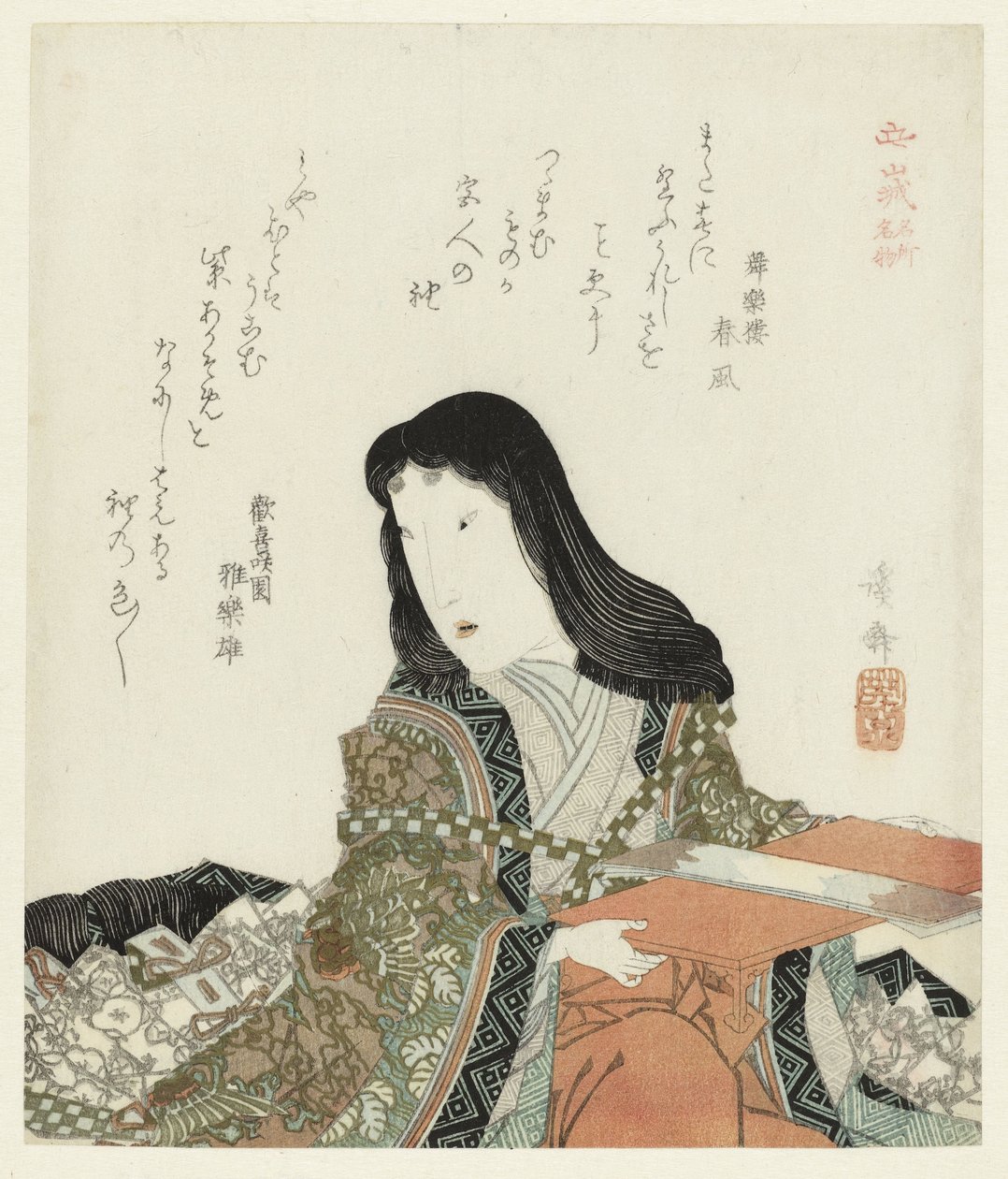 跪着的女人
山代省的名胜和物产（系列标题）
山代名所"（物品上的系列名称） 作者 京西铁